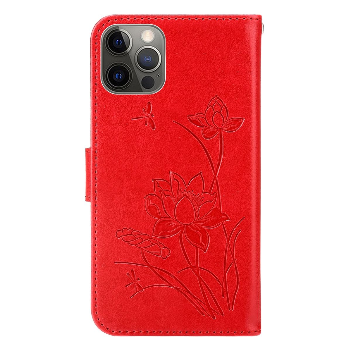 Rote Handyhülle mit Lotusblumen-Design. Die Hülle ist mit Magnetverschluss geschlossen. Telefon nicht sichtbar.