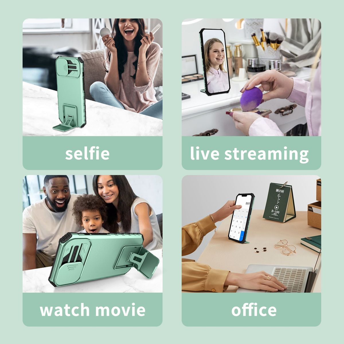 Bilder zeigen Telefonhüllen in Verwendung: Selfie, Live-Streaming, Filme ansehen und Büroarbeit.