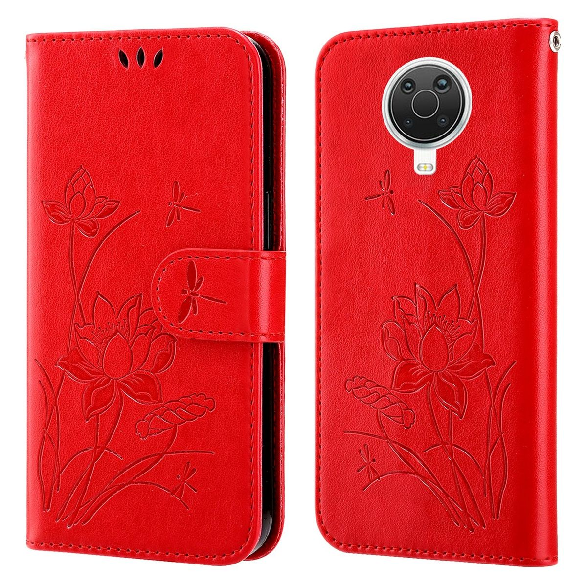 Rote Handyhülle mit Lotusblumen-Design. Die Hülle hat einen Magnetverschluss.