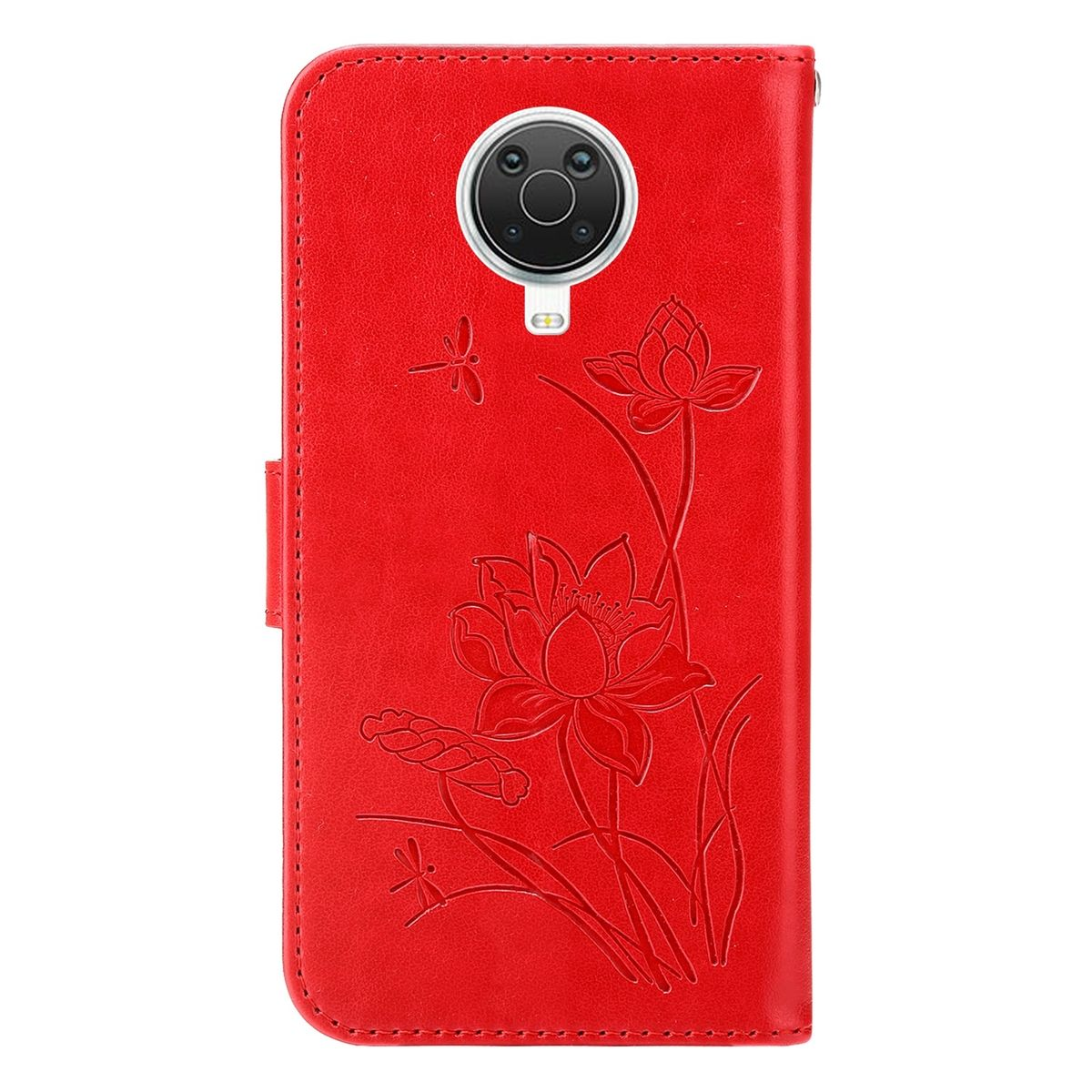 Rote Handyhülle, geschlossen, mit floralem Design. Telefonkamera oben. Libellen-Details.