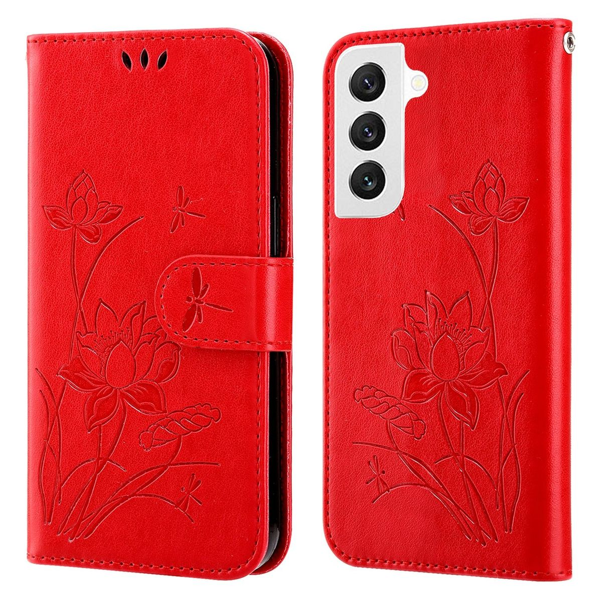 Rote Leder-Handyhülle mit floralem Design.