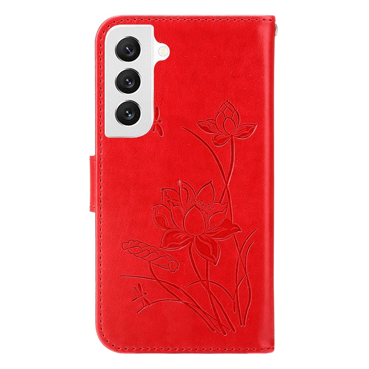 Rote Handyhülle mit floralem Design und Libelle. Drei Kameralinsen.