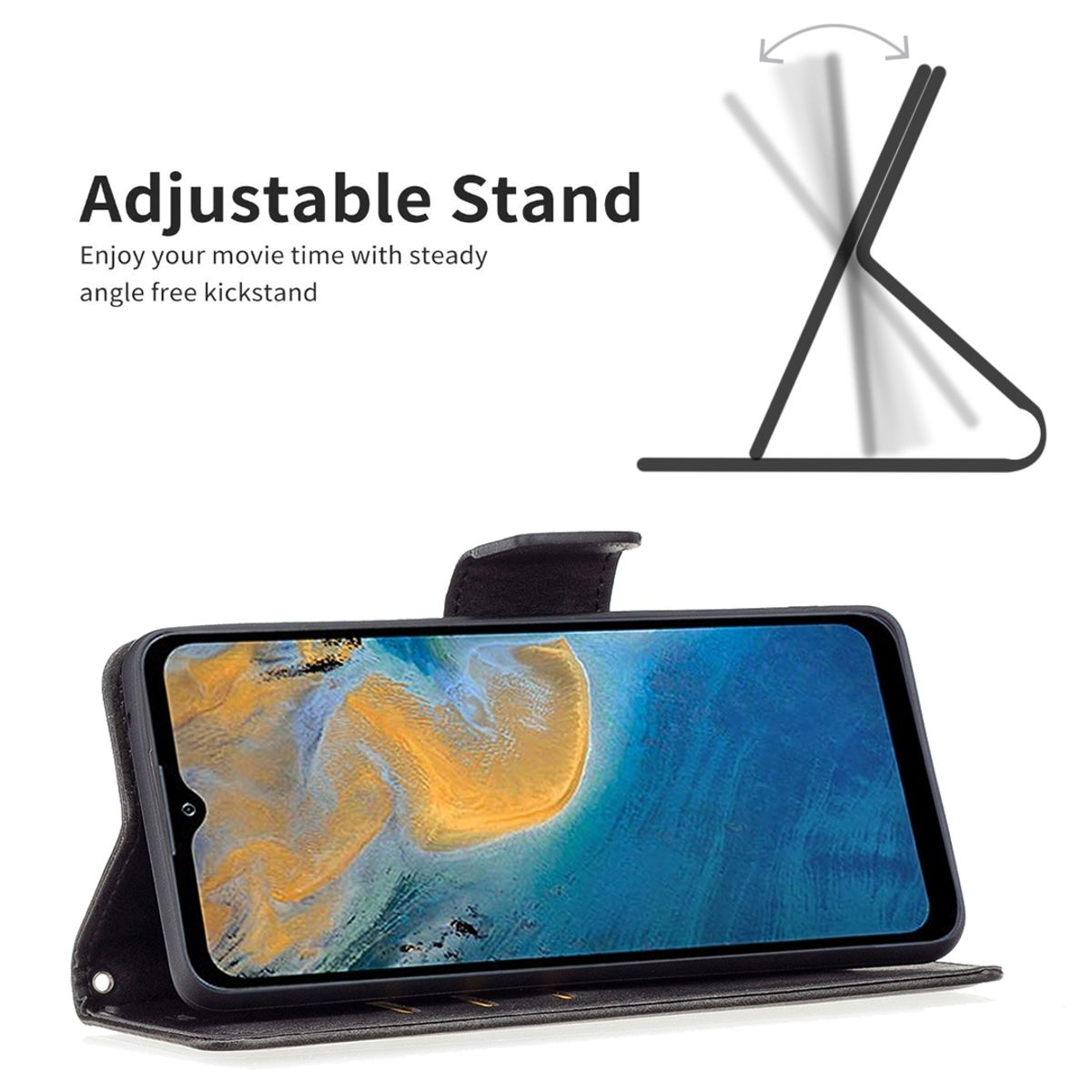 Telefon in einer Hülle, als Ständer aufgestellt. Der Telefonbildschirm ist sichtbar.