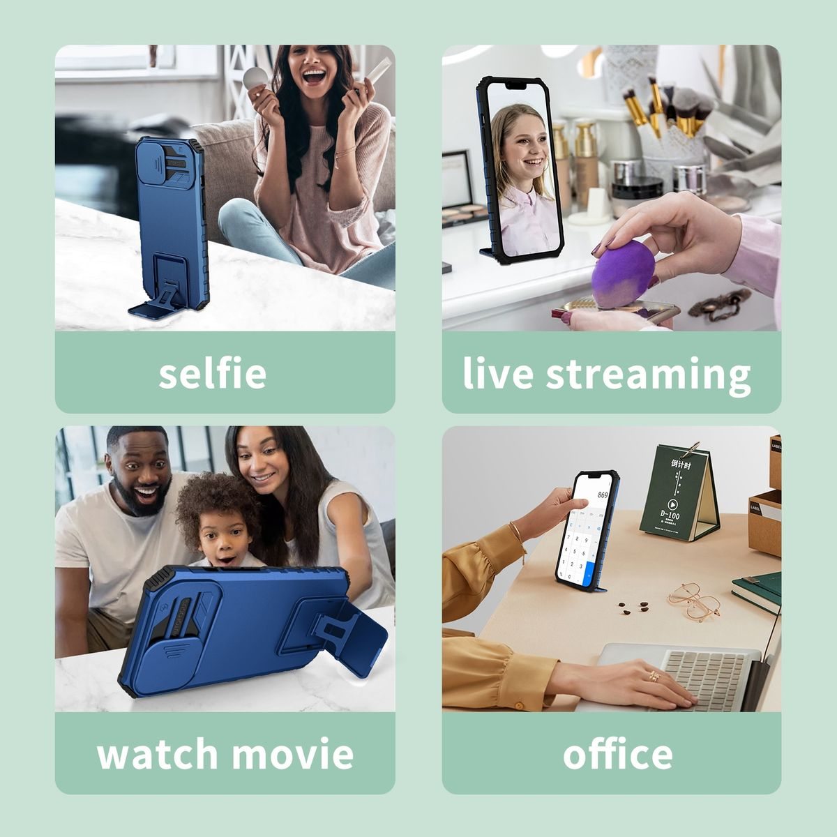 Vier Fotos zeigen eine blaue Handyhülle in verschiedenen Szenarien: Selfie, Live-Streaming, Film schauen und Büro.