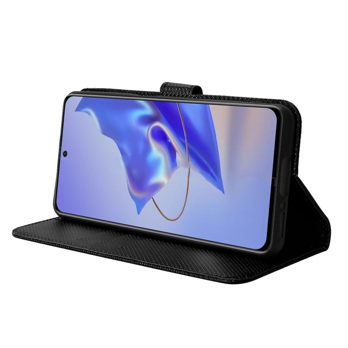 Schwarzes Telefon in einer schwarzen Handyhülle. Die Hülle ist offen und steht aufrecht.