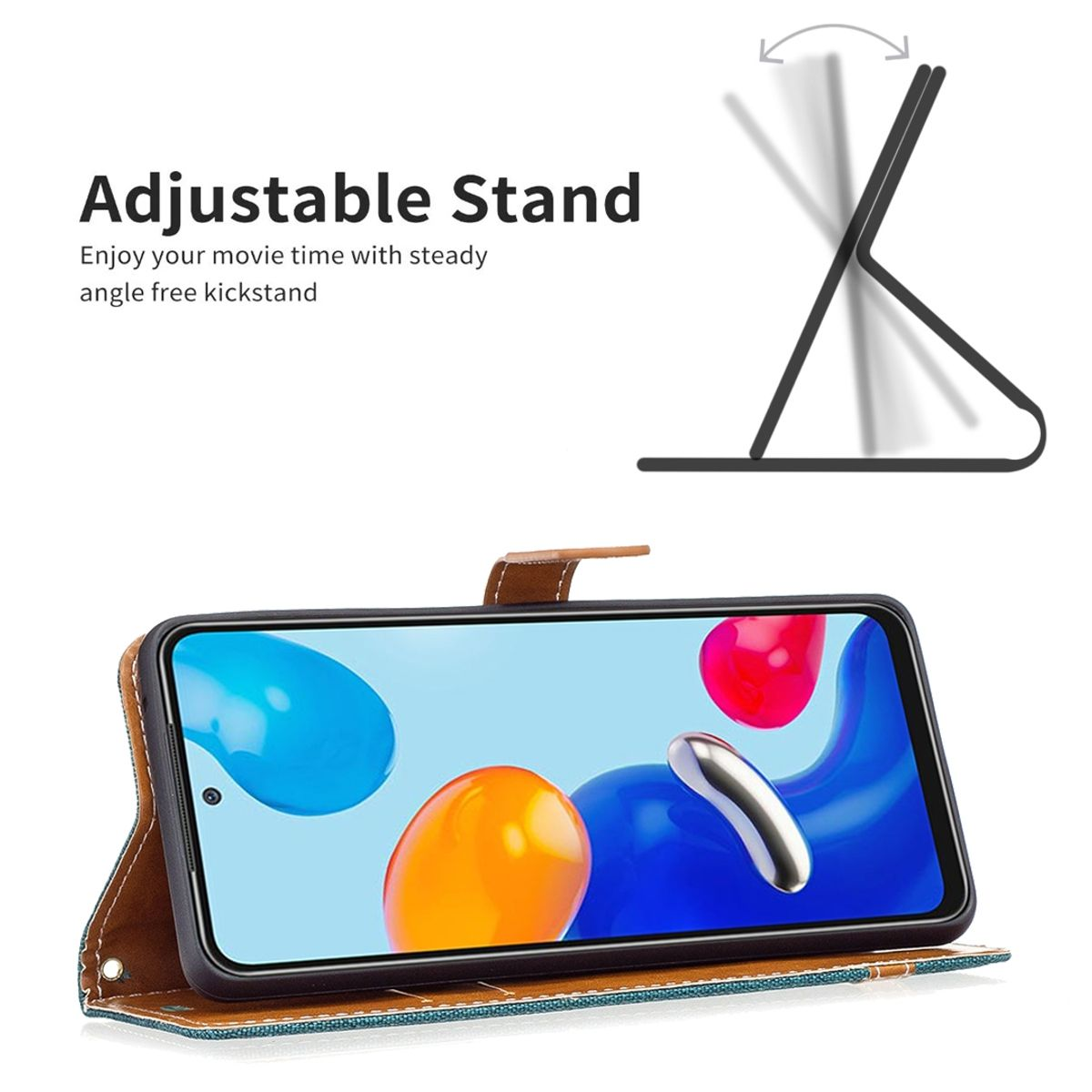 Handyhülle zeigt Telefon. Es liegt auf einem Tisch. Die Hülle hat einen Ständer.