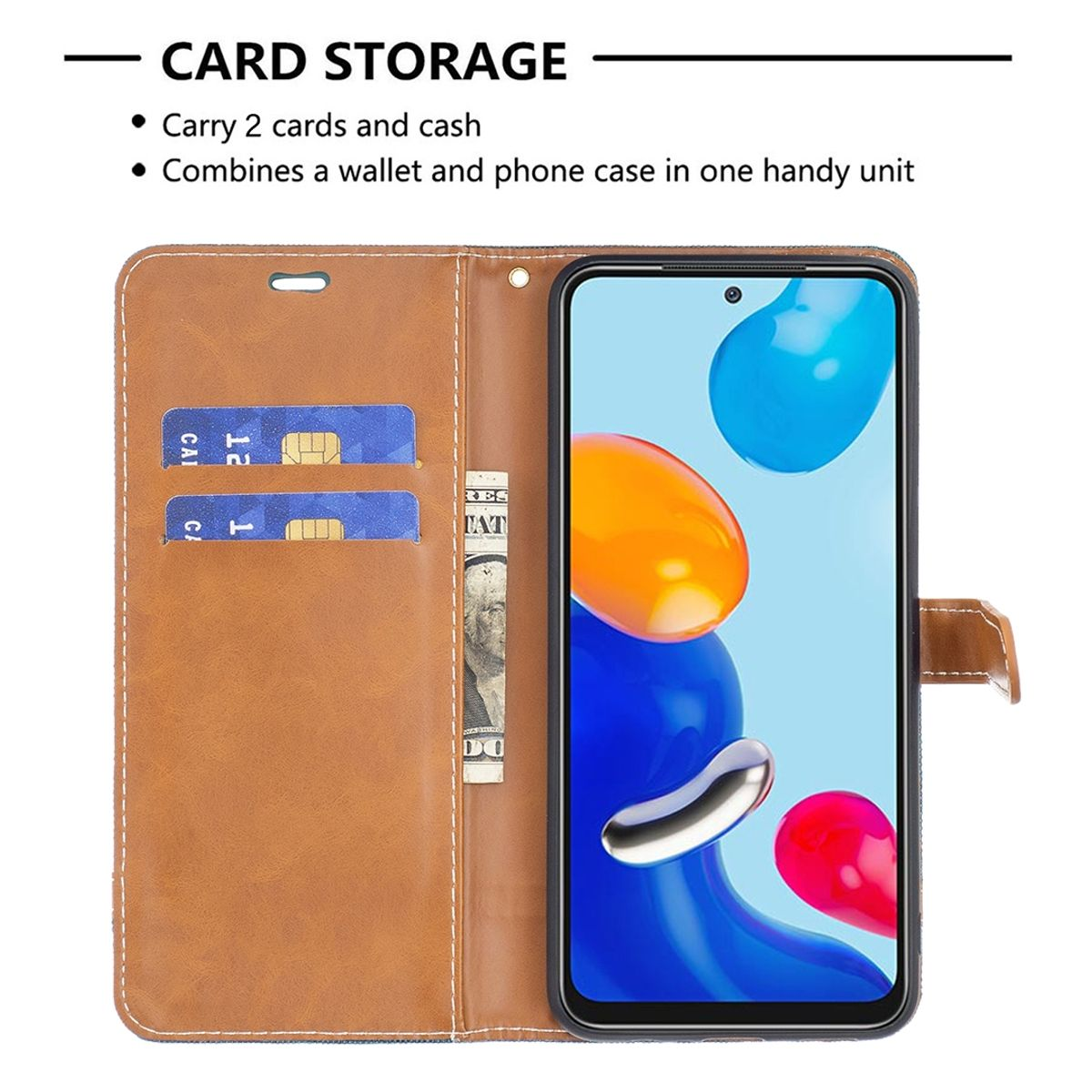 Braune Folio-Handyhülle, geöffnet, mit Karten und Telefon. Text: Tragen Sie 2 Karten und Bargeld.