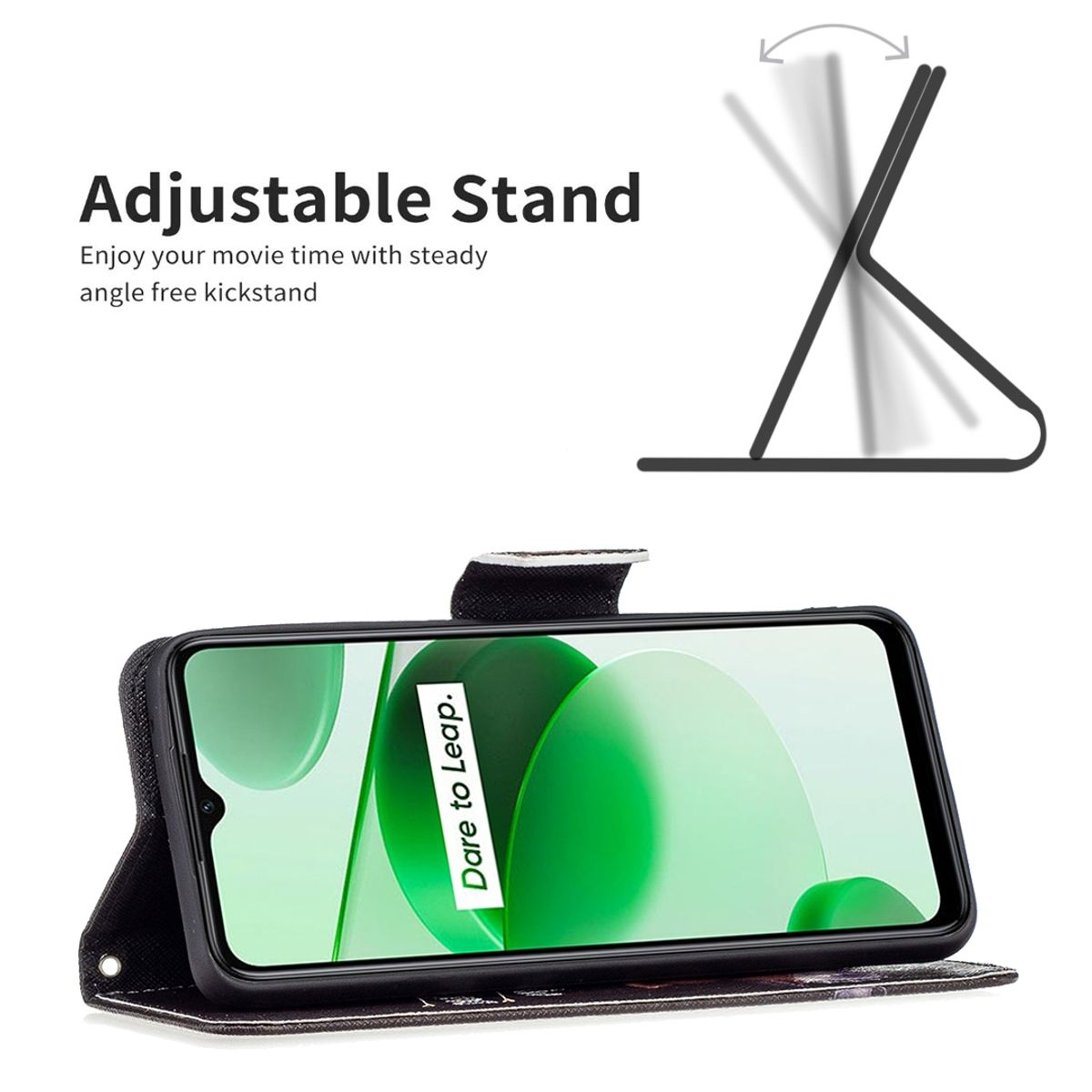 Schwarze Handyhülle mit Ständer. Das Telefon hat einen Bildschirm mit Text. Der Ständer ist offen.