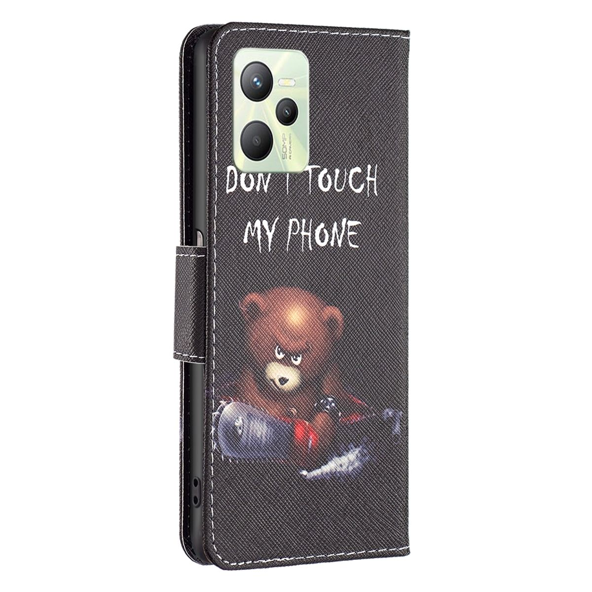 Schwarze Handyhülle mit "DON'T TOUCH MY PHONE"-Text und einer Bärenillustration.
