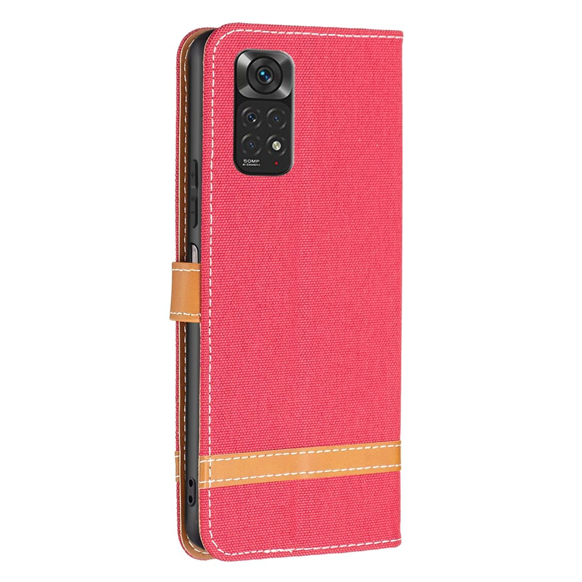 Rote Handyhülle mit braunem Riemen und Nähten, das Telefon teilweise zeigend.