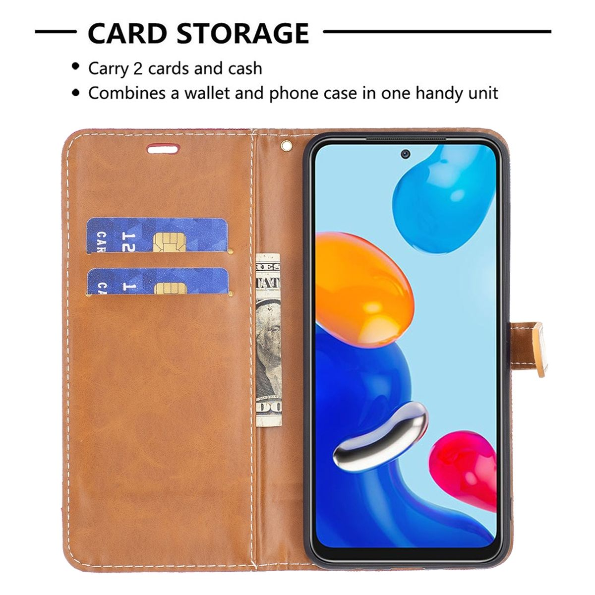 Braune Leder-Handyhülle, offen, mit Karten, Bargeld und Telefon. Telefon zeigt blaue und orange Formen.