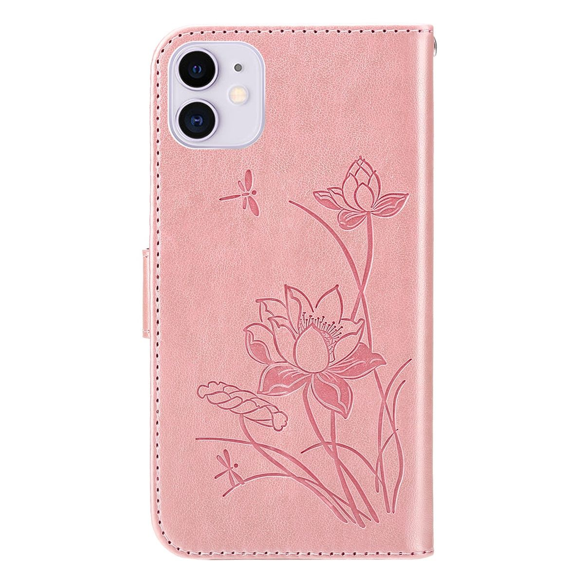 Rosa Handyhülle mit Lotusblüten-Design, Libelle, auf weißem Hintergrund.