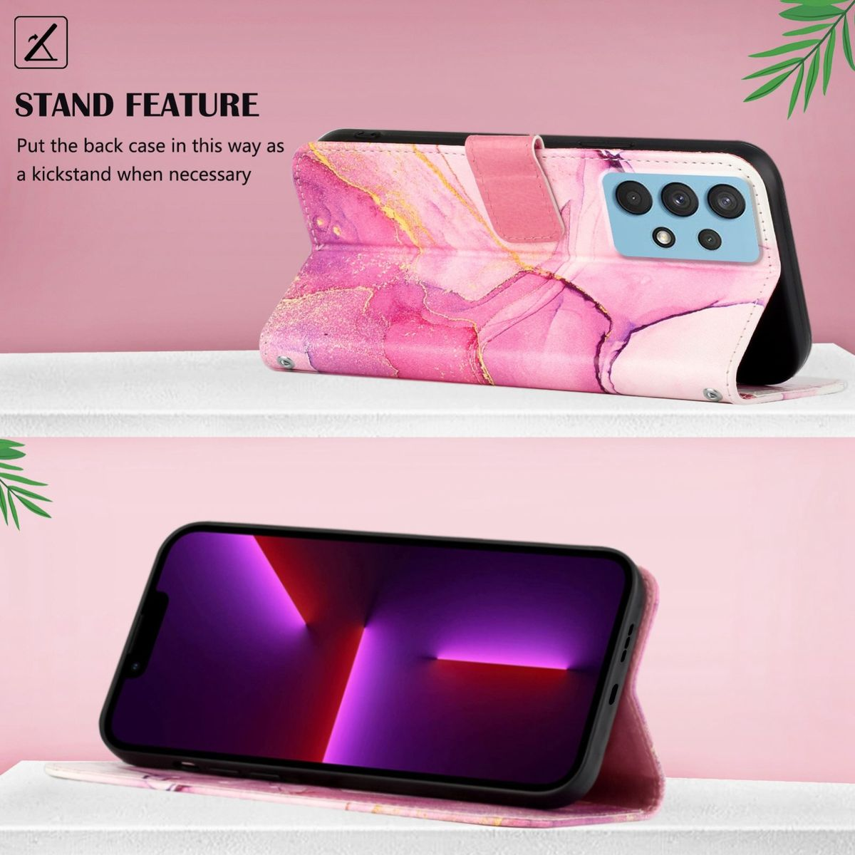 Handyhülle mit rosa Marmor-Design, als Ständer verwendet. Ein Telefon befindet sich darin.