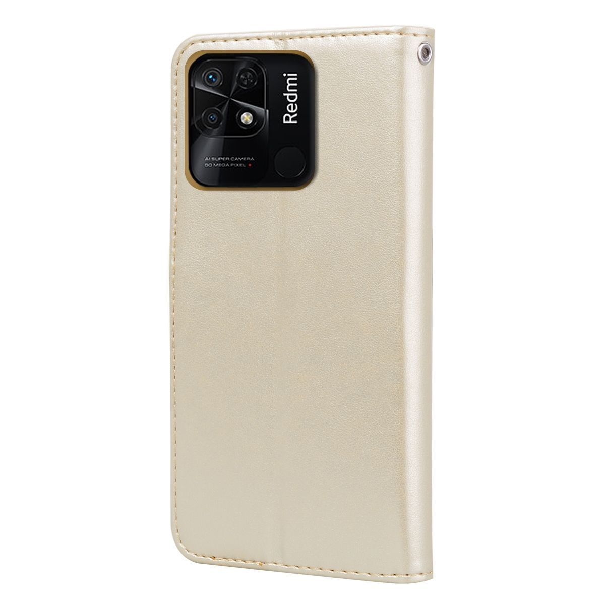 Goldene Handyhülle mit Telefon und Redmi-Logo. Die Hülle ist geschlossen.