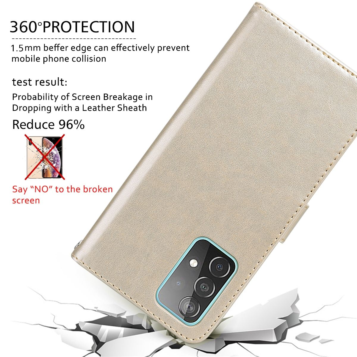 Beige Handyhülle mit Telefon darin. Text: 360° Schutz. Bildschirmbruch reduzieren.