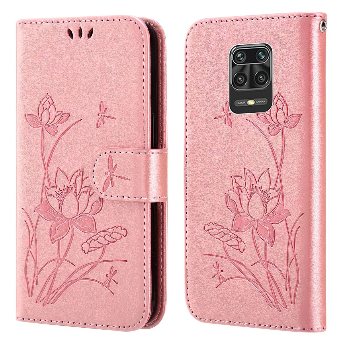 Rosa Handyhülle mit Lotusblumen-Design und geprägten Libellen.