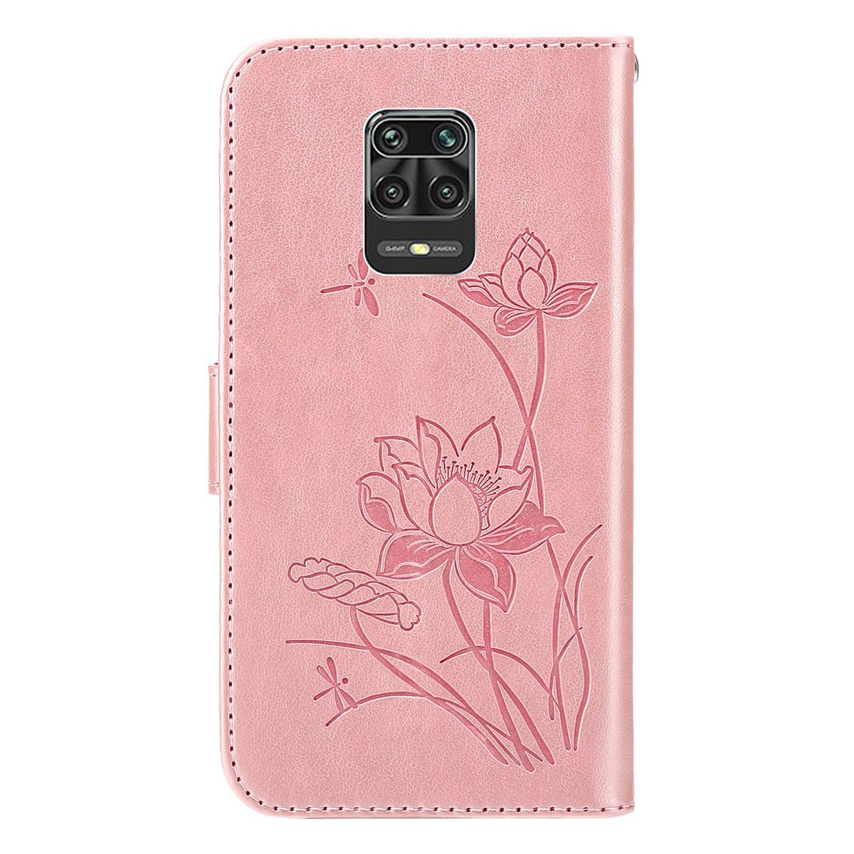 Rosa Handyhülle mit floralem Design, geschlossen. Mit Kameraausschnitt und Magnetverschluss.