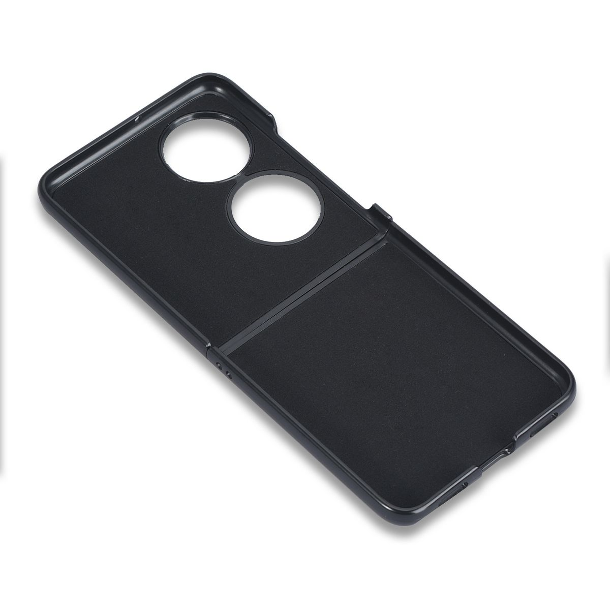 Schwarze Handyhülle mit zwei Kameralöchern und Faltendesign. Die Hülle ist offen.