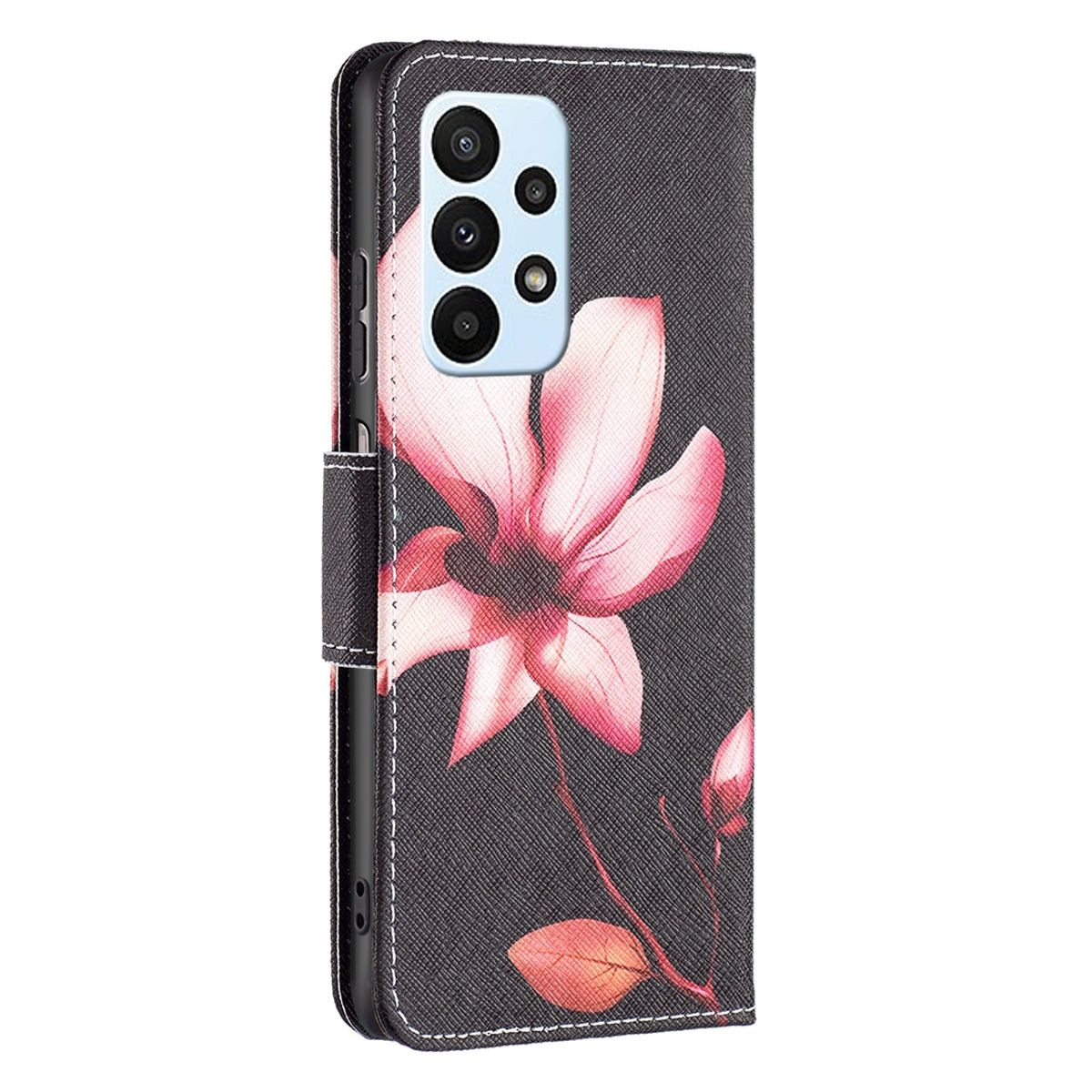 Dunkle Handyhülle mit rosa Blumendesign, geschlossen. Die Kamera des Telefons ist sichtbar.
