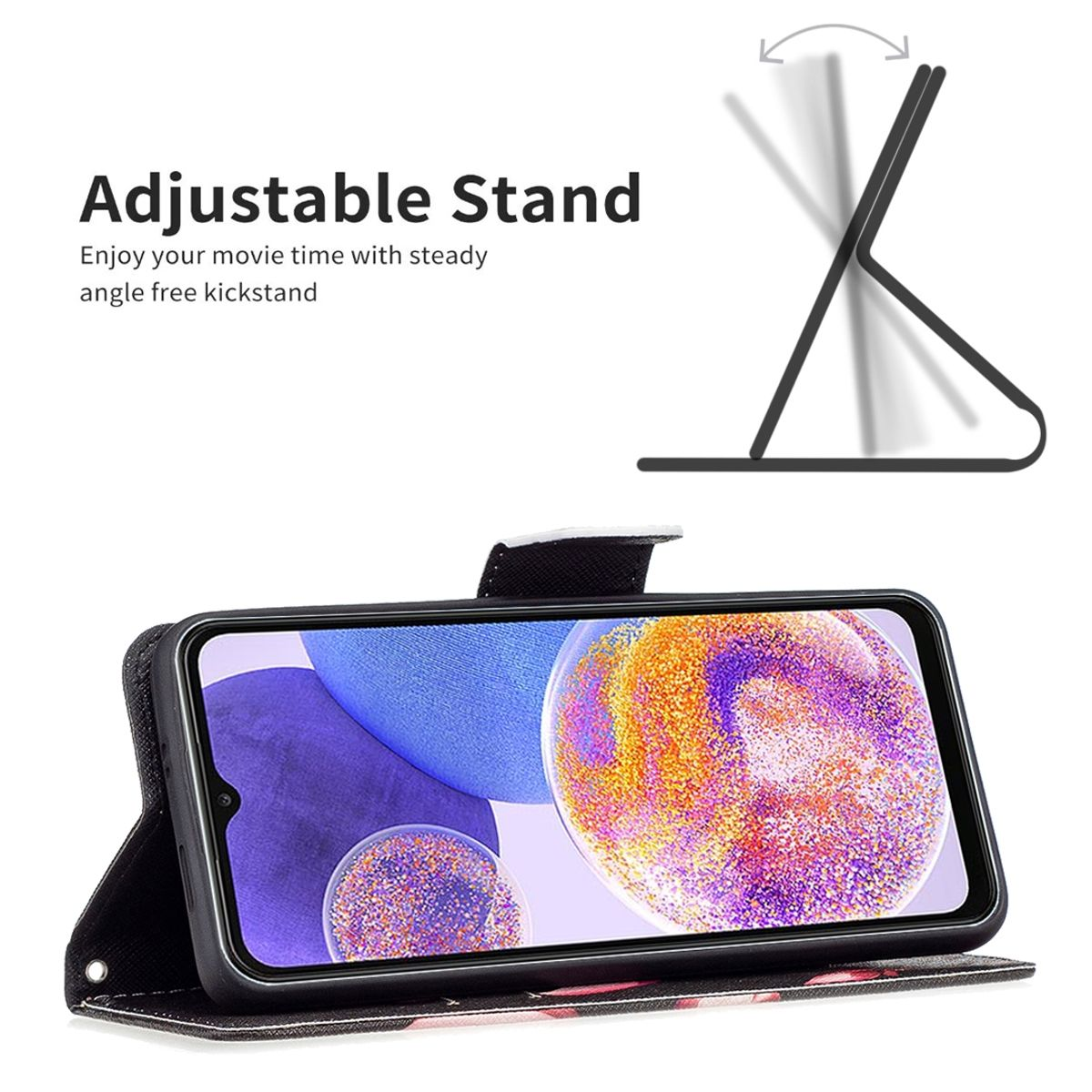 Handyhülle mit Telefon im Inneren. Der Telefonständer ist geöffnet. Der Text lautet 'Adjustable Stand'.