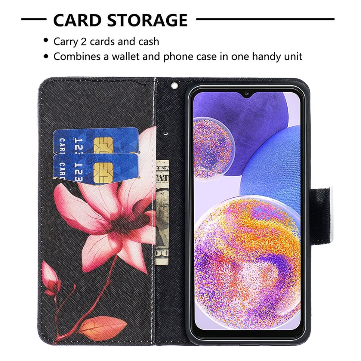 Schwarze Handyhülle offen. Innen befinden sich Karten, Bargeld und ein Telefon mit farbigem Bild.