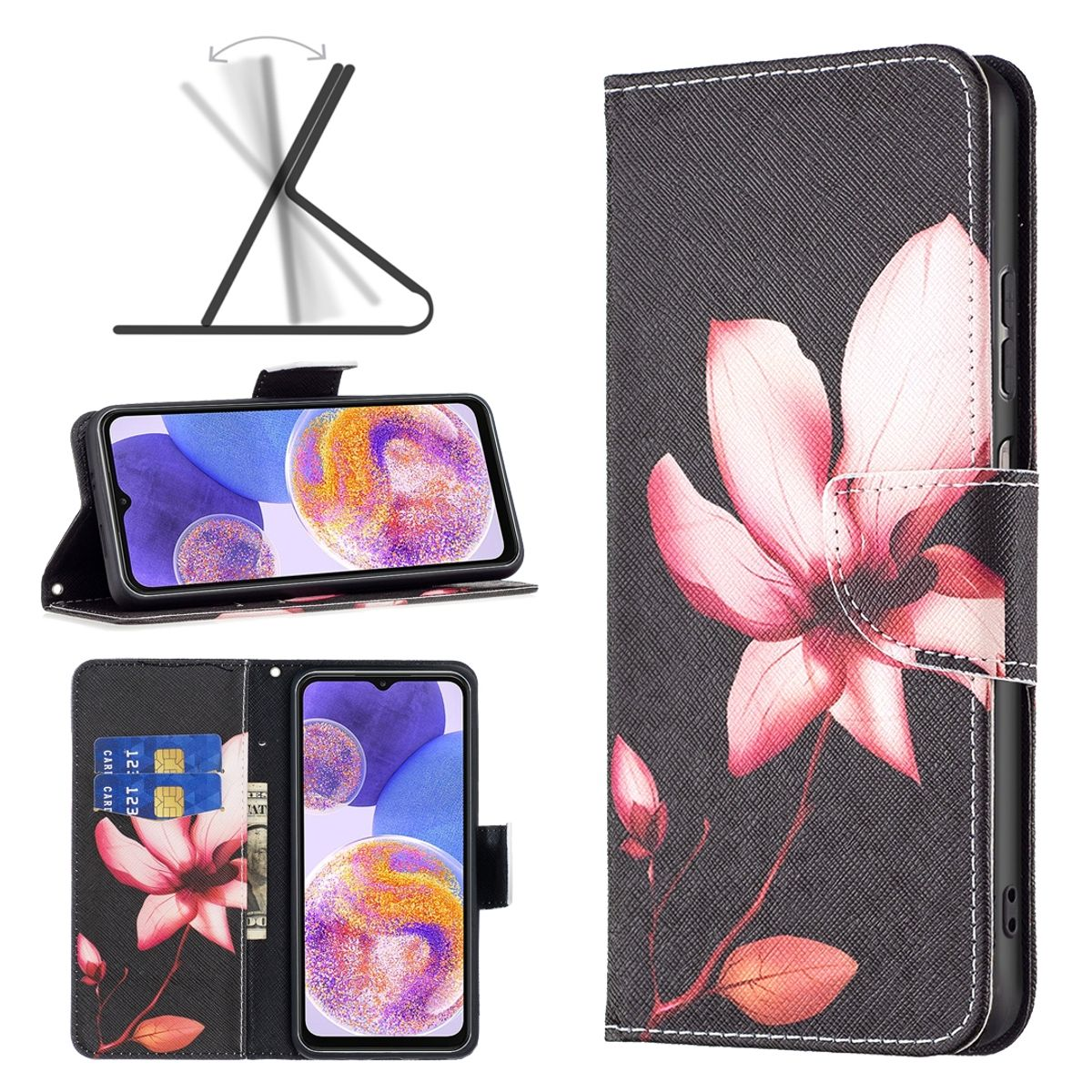 Handyhülle mit floralem Design. Geöffnet, mit Telefon. Karten- und Geldscheinfächer.