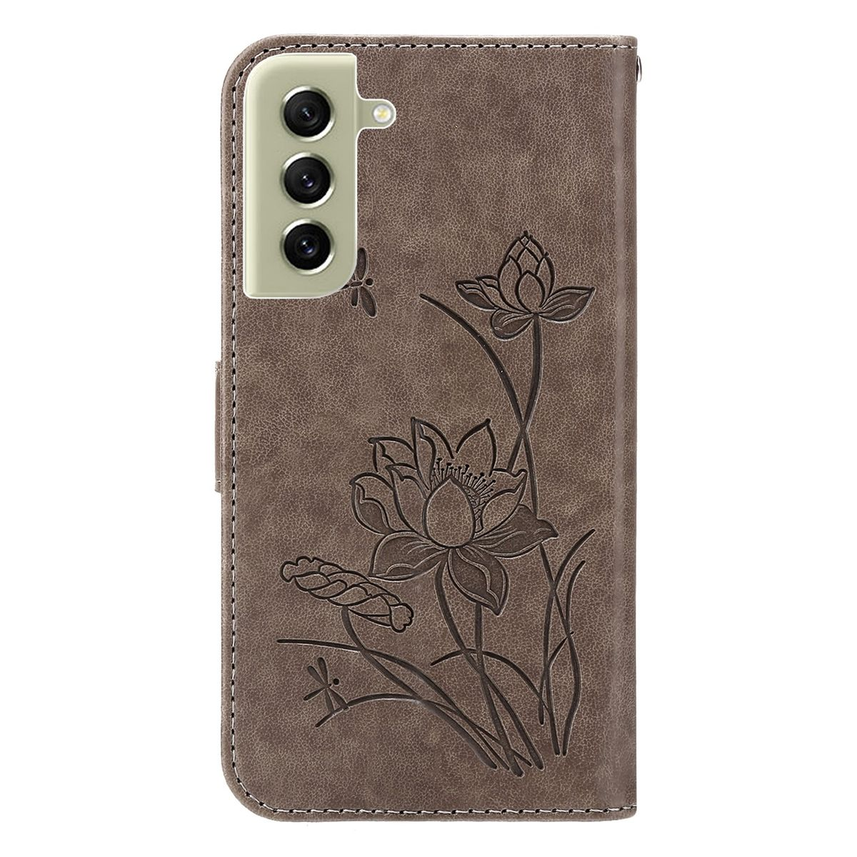 Braune Handyhülle mit Lotusblüten-Design und Kameraausschnitten. Hintergrund: weiße Oberfläche.