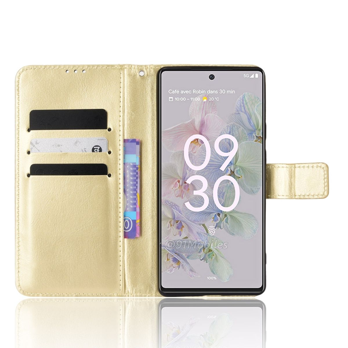 Eine goldene Handyhülle mit einem Telefon und Kreditkartenfächern. Sie ist offen.
