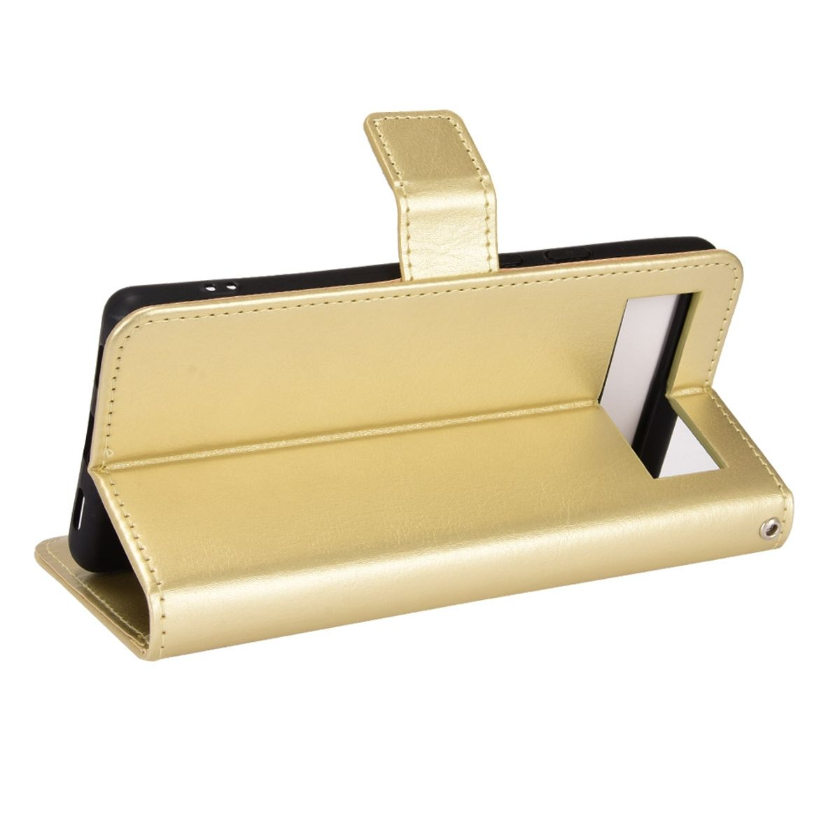 Geöffnete goldene Handyhülle mit Telefonbildschirm, vor weißem Hintergrund.