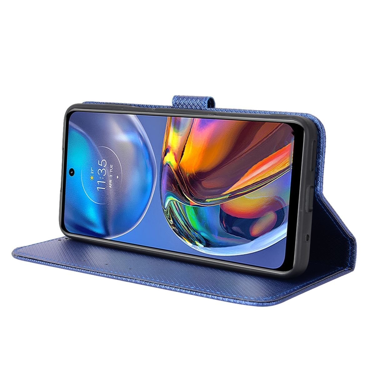 Blaue Handyhülle mit einem Telefon darin, offen, Bildschirm zeigend.