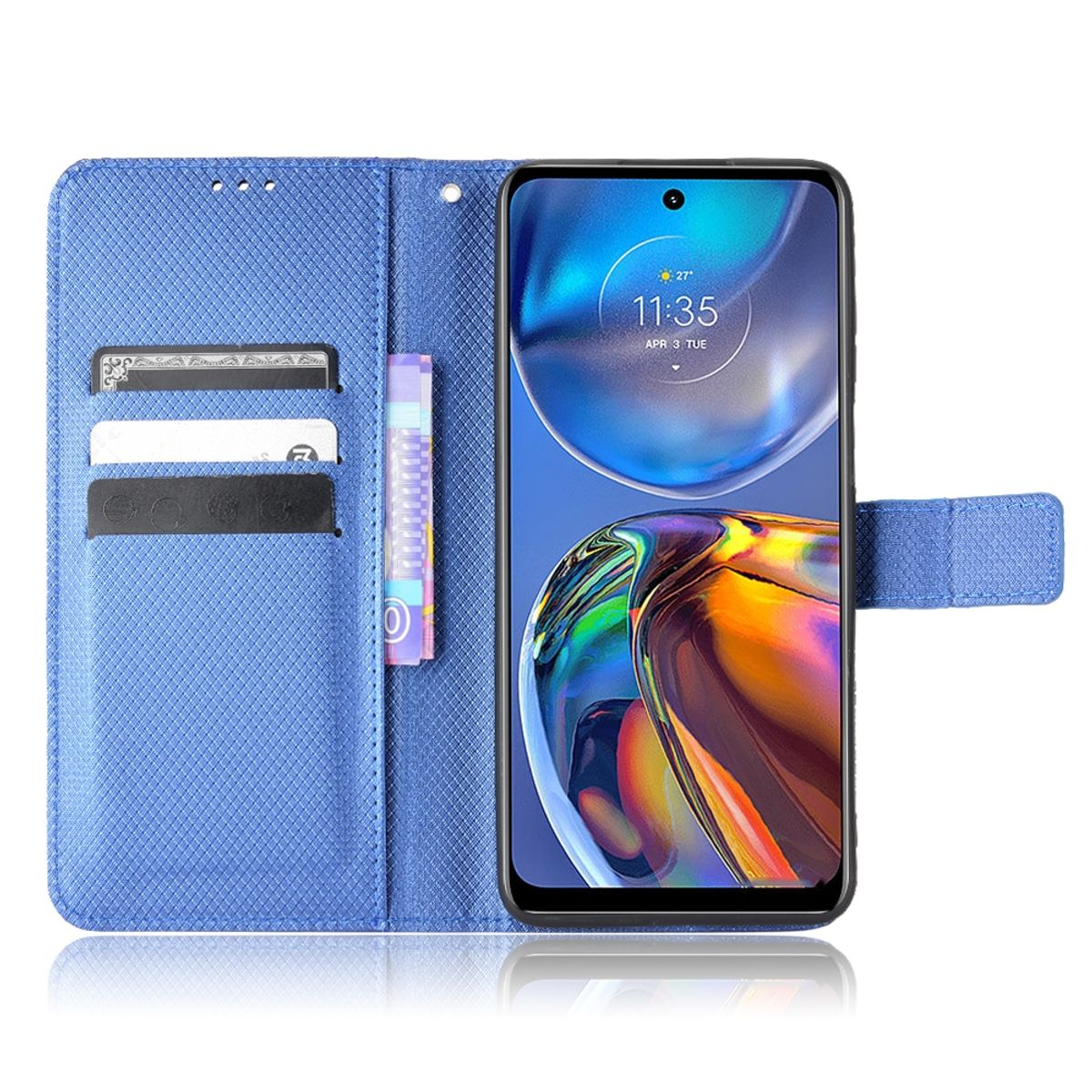 Geöffnete blaue Handyhülle mit Karten, Telefon und Geldschein innen.