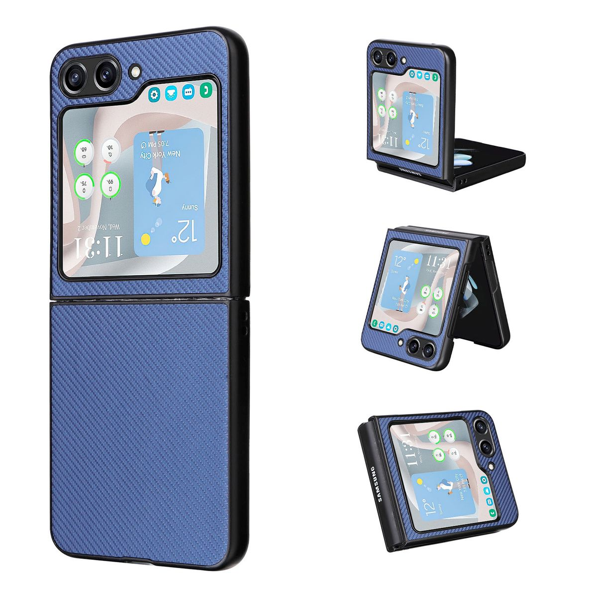 Blaue Handyhülle mit Carbonfaser-Design. Handyhülle lässt sich aufklappen. Zeigt ein Telefon mit App-Symbolen.
