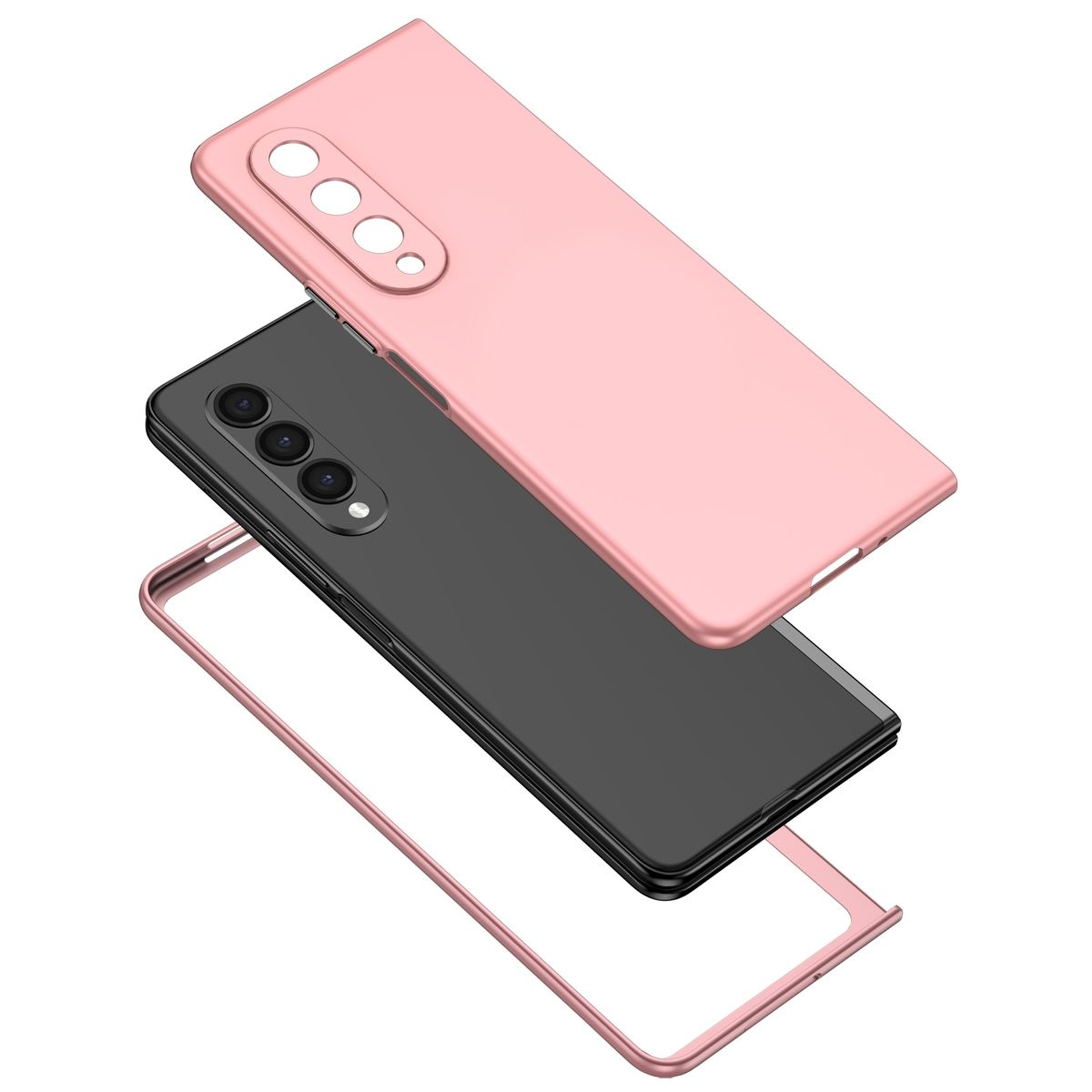 Rosa Handyhülle mit Telefon und separatem Rahmen. Das Telefon ist schwarz.
