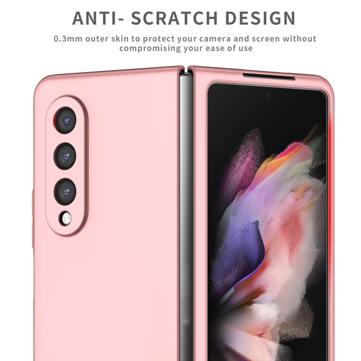 Eine rosa Handyhülle, die die Rückseite eines faltbaren Telefons zeigt. Der Text oben lautet Anti-Kratz-Design.