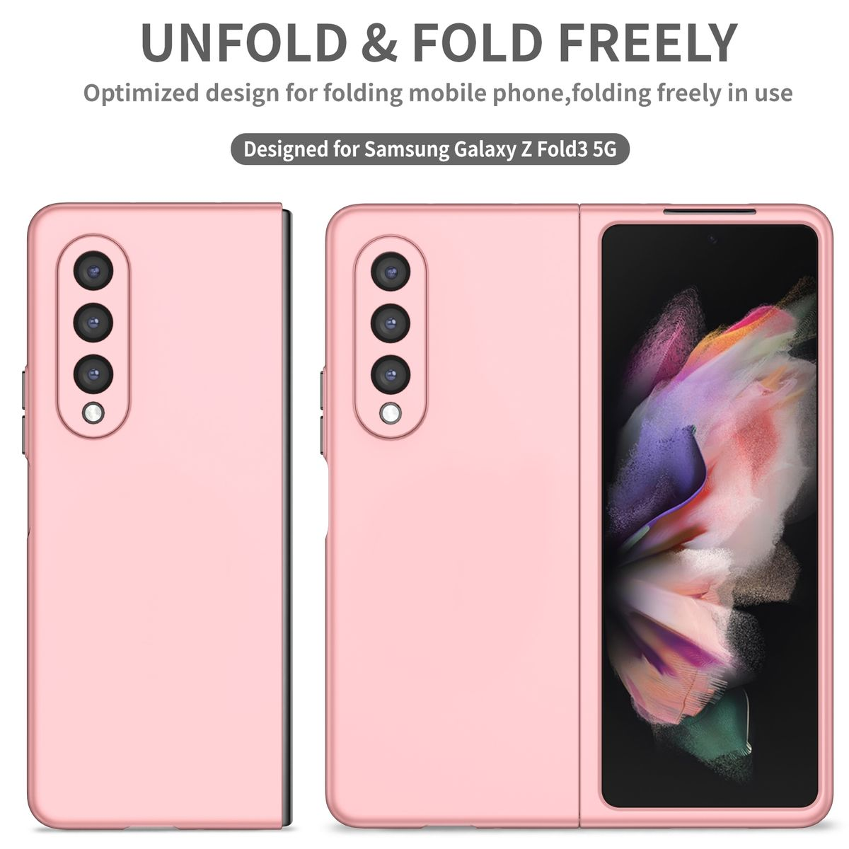 Rosa Handyhülle, gefaltet. Das Telefon ist rosa. Die Hülle ist für ein Samsung Galaxy Z Fold3 5G konzipiert.