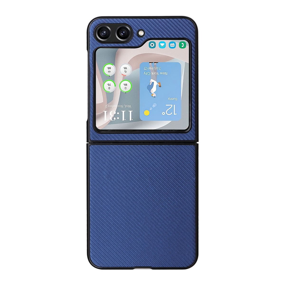 Blaues faltbares Telefon, das den Bildschirm zeigt, der Uhrzeit und Wetterinformationen anzeigt.