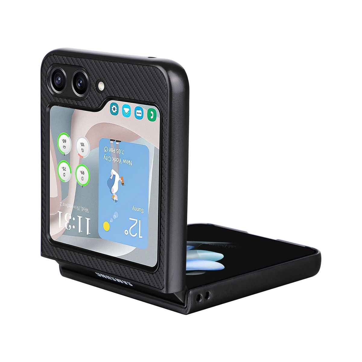 Ein schwarzes Telefon in einem geöffneten Gehäuse, das den Bildschirm des Telefons zeigt. Der Bildschirm zeigt eine Wetter-App-Oberfläche.