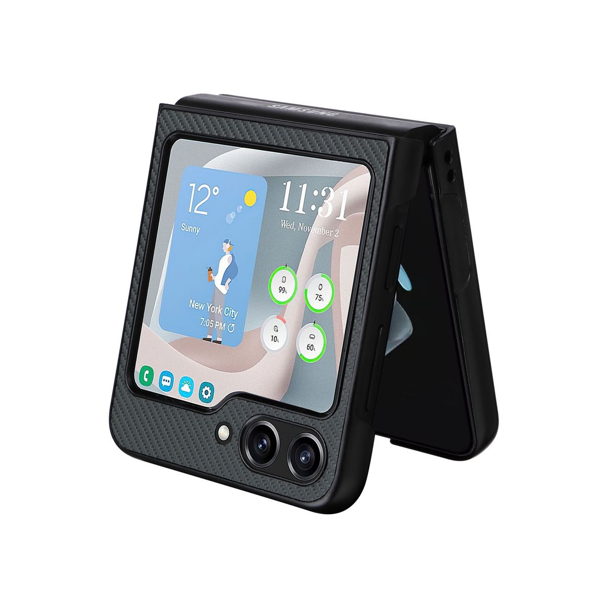 Schwarze Handyhülle mit faltbarem Design. Das Telefon hat eine Bildschirmanzeige. Es zeigt Datum und Uhrzeit.