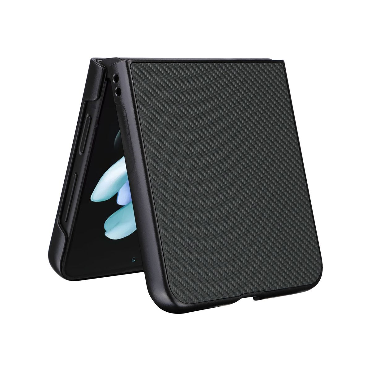 Eine schwarze Handyhülle ist geöffnet und zeigt ein Telefon. Die Hülle ist mit Carbonfaseroptik strukturiert.