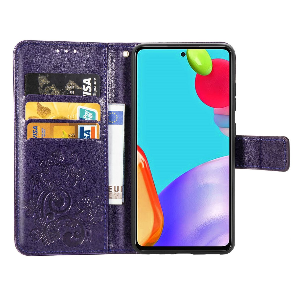 Lila Handyhülle offen, mit Karten, Bargeld und Telefon. Weißer Hintergrund.