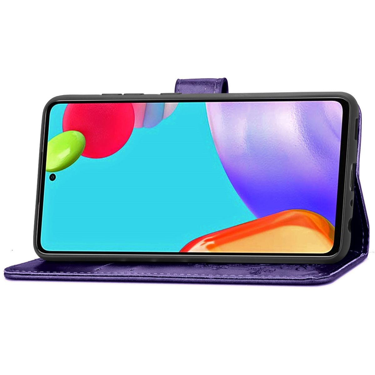 Lila Handyhülle offen. Telefon ist oben. Farbenfrohes, abstraktes Design.