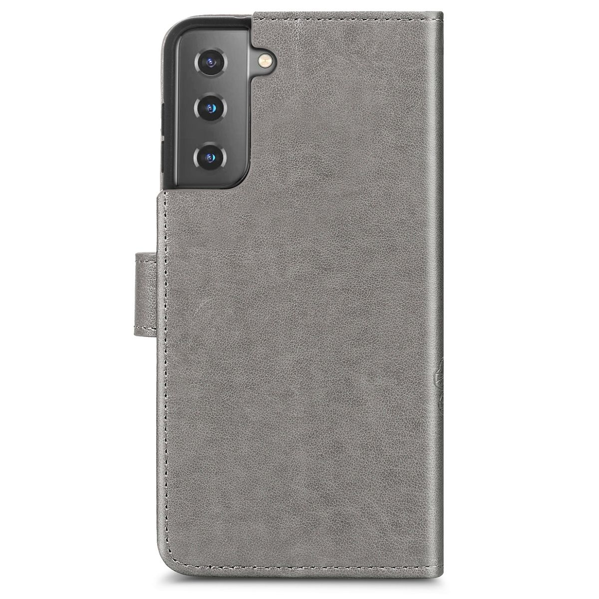 Graue Handyhülle mit Telefon darin. Die Hülle hat eine Kamera auf der Rückseite und einen Magnetverschluss.