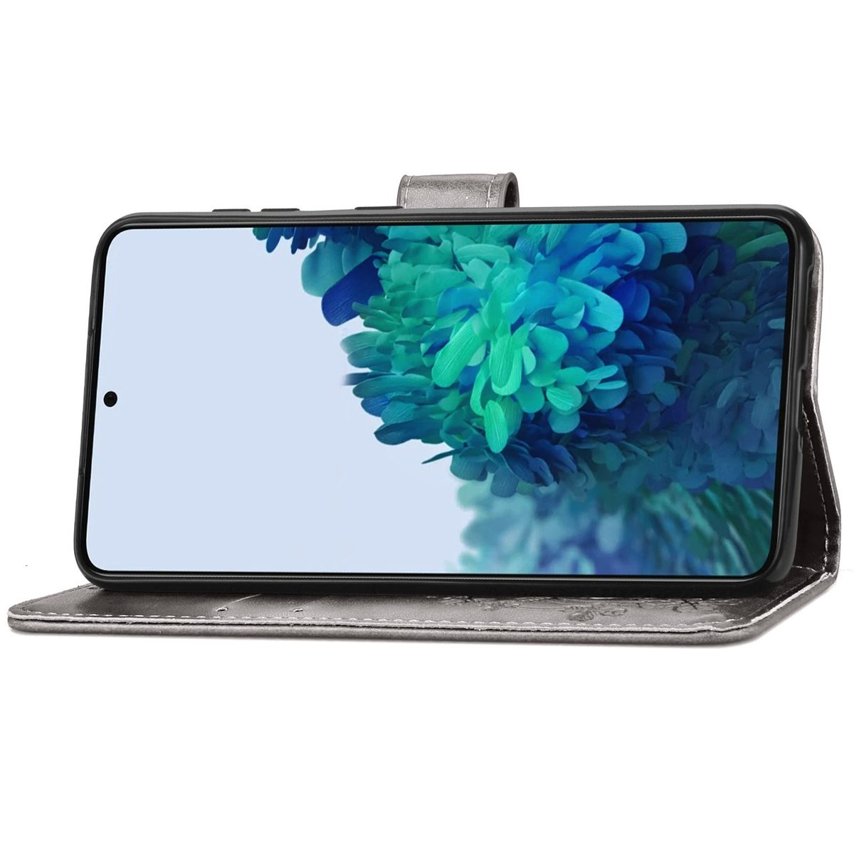 Ein Telefon in einem grauen Gehäuse, das ein blaues und grünes abstraktes Bild anzeigt.