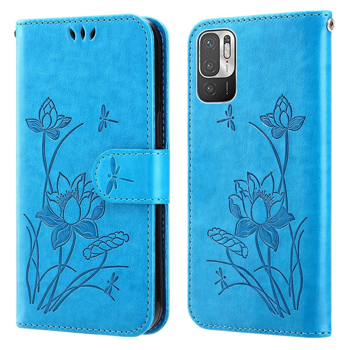 Blaue Handyhülle mit Lotusblumen-Design. Mit floraler Prägung und Libellen-Akzenten.