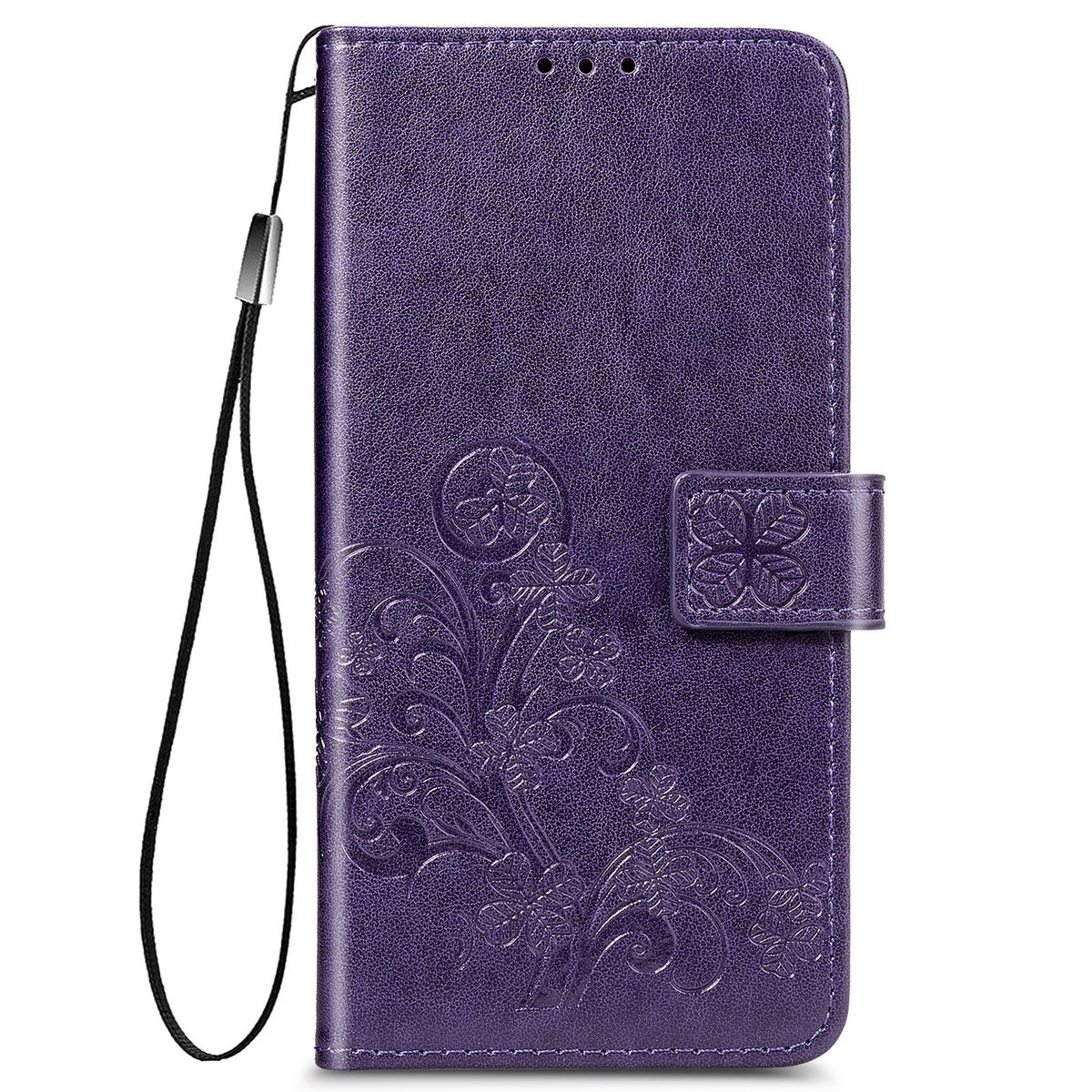 Eine lila Handyhülle mit floralem Design, Riemen und Verschluss. Die Hülle ist geschlossen.