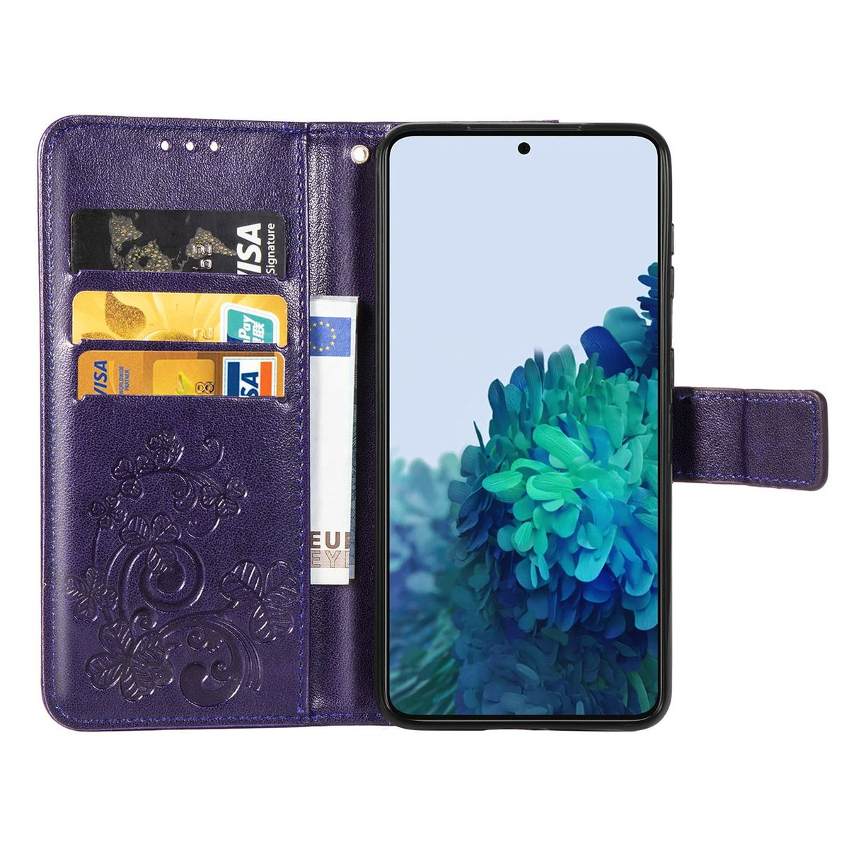 Geöffnete lila Handyhülle mit Karten und einem Handy. Blumendesign, mit Kartenfach und Telefonscreen sichtbar.