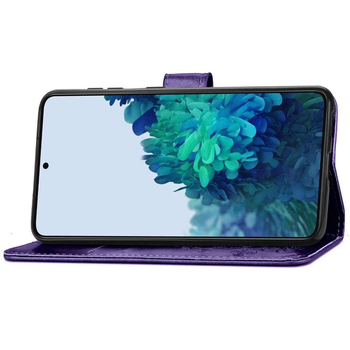 Ein Telefon in einer lila Brieftaschen-Hülle, mit floralem Design und dem Bildschirm.