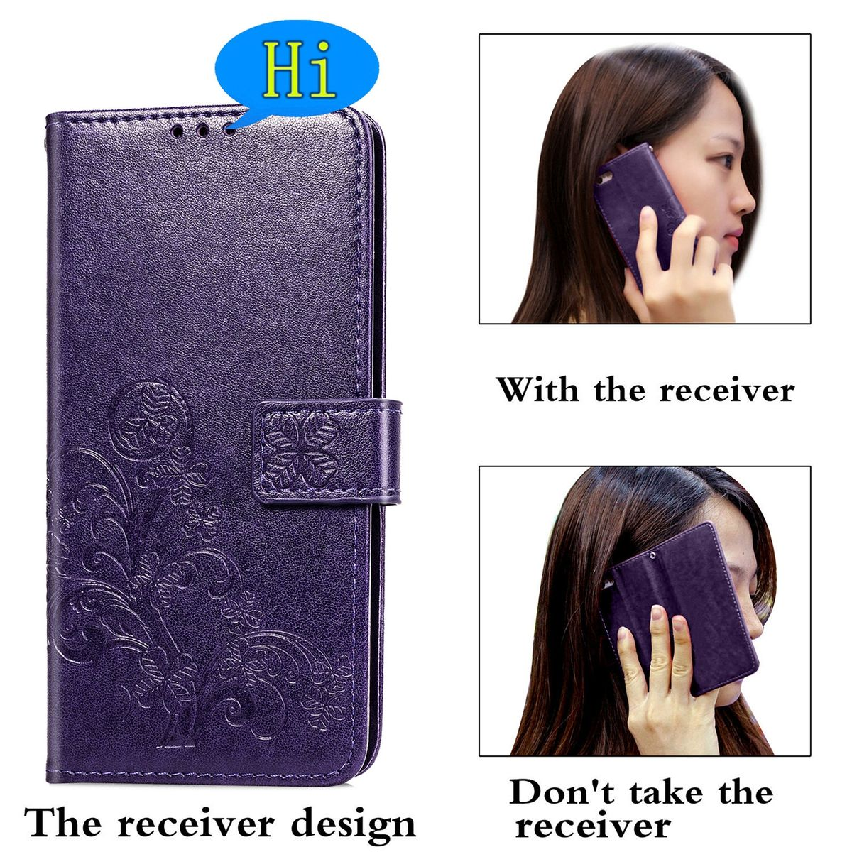 Lila Handyhülle mit Hörerdesign, Frau mit Telefon.