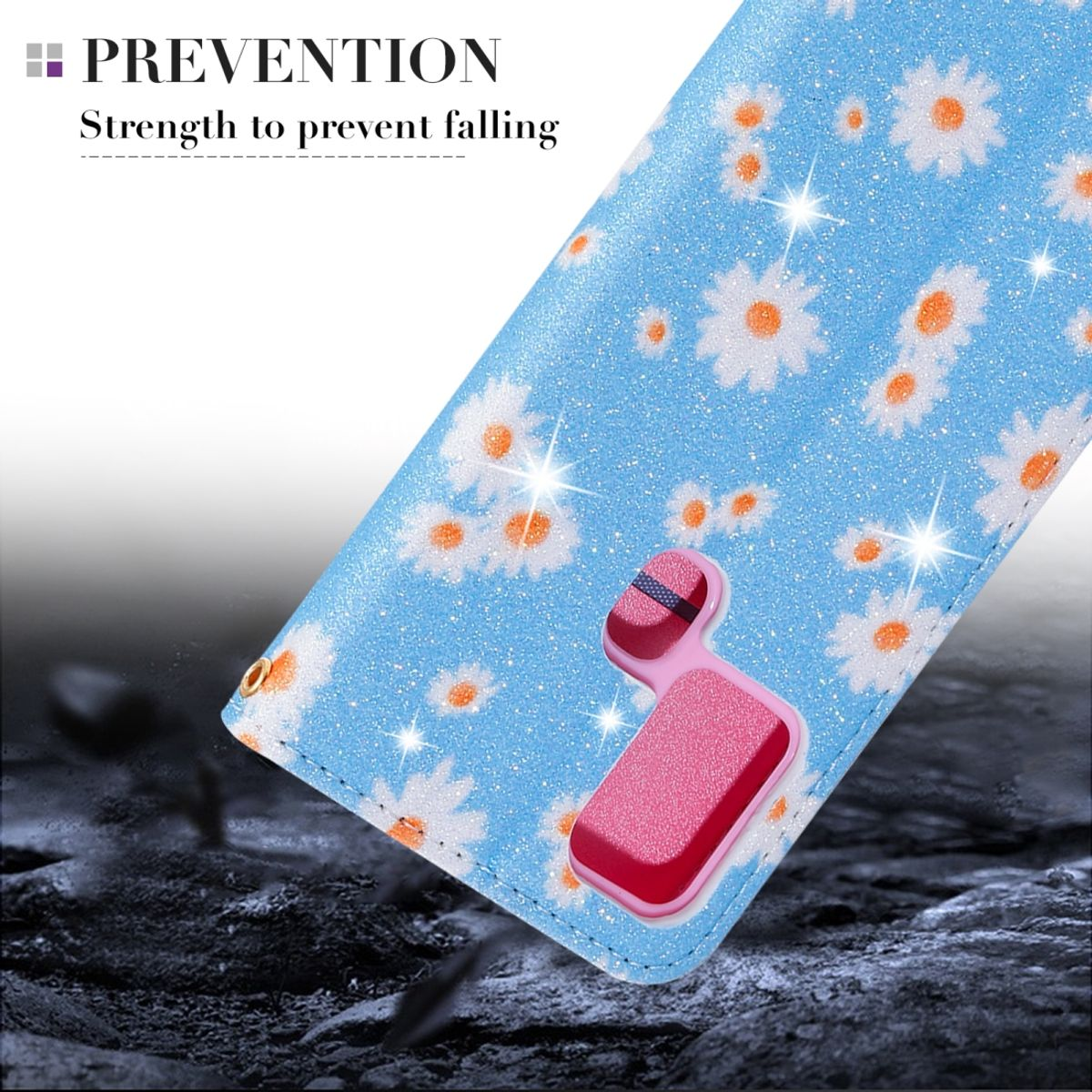 Handyhülle mit blauem Muster. Es hat einen rosa Griff. Der Hintergrund ist eine dunkle Oberfläche.