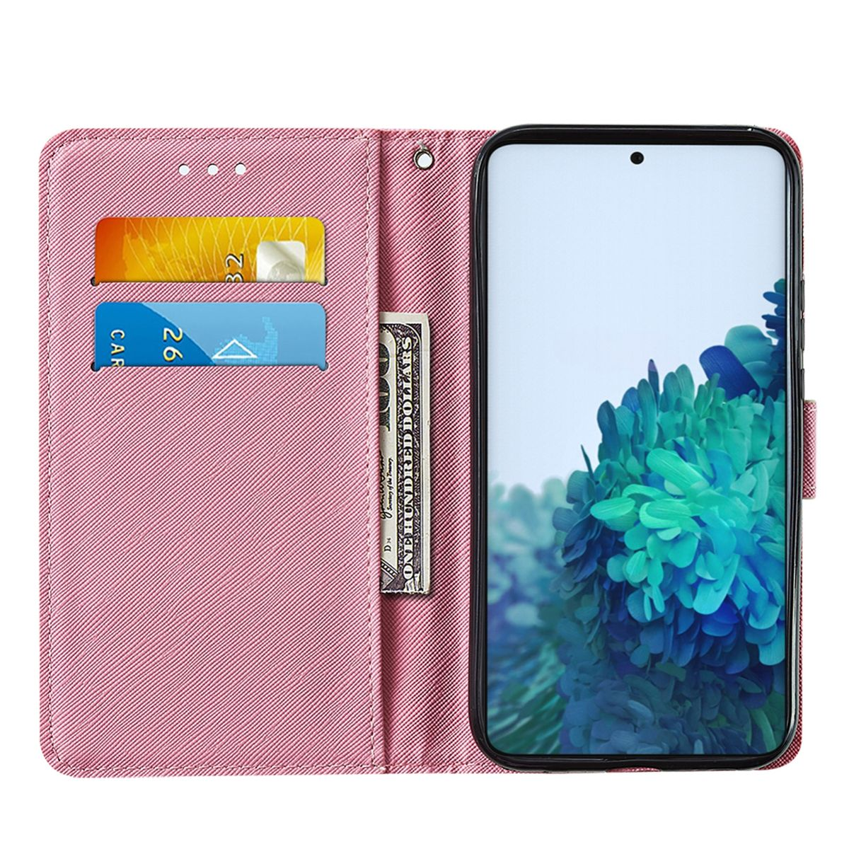 Rosa Handyhülle mit Karten und Geld. Telefon zeigt blau-grünes Blumenmuster.